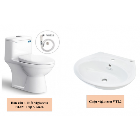 Combo viglacera bàn cầu 1 khối BL5V + xịt VG826 + Chậu VTL2