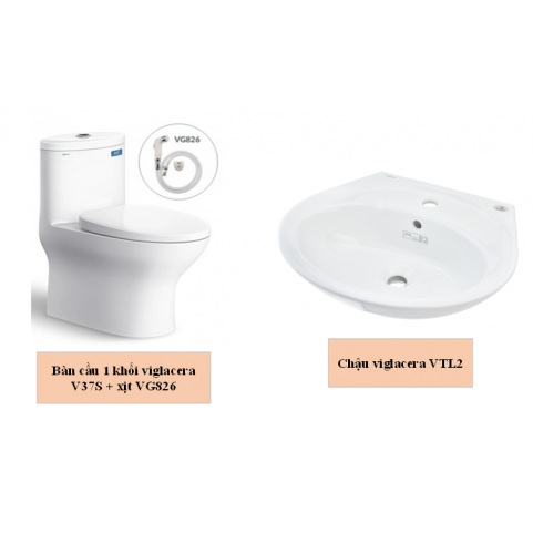 Combo viglacera bàn cầu 1 khối V37S + xịt VG826 + Chậu VTL2 