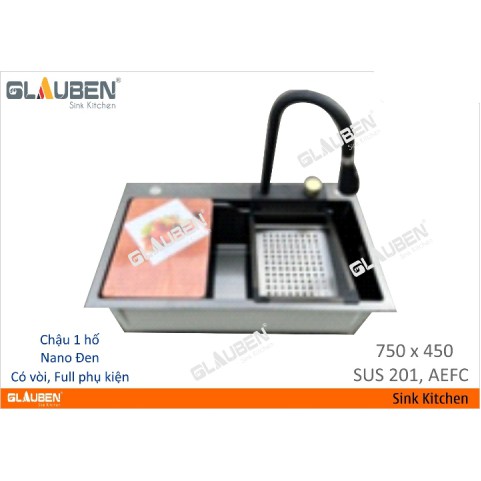 Chậu Glauben 7545 1 hộc Nano đen có vòi, full phụ kiện Chậu Glauben 7545 1 hộc Nano đen có vòi, full phụ kiện