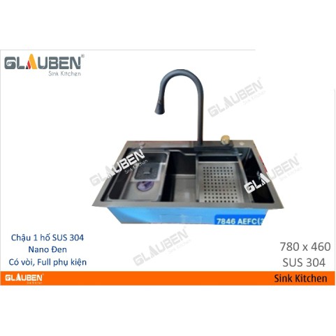 Chậu glauben 7846 1 hộc sus 304 Nano đen có vòi, full phụ kiện Chậu glauben 7846 1 hộc sus 304 Nano đen có vòi, full phụ kiện