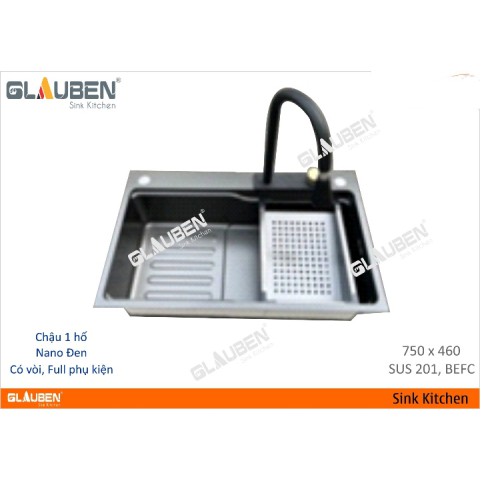 Chậu Glauben 7546 1 hộc Nano đen có vòi, full phụ kiện Chậu Glauben 7546 1 hộc Nano đen có vòi, full phụ kiện