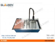 Chậu Glauben 7846 1 hộc sus 304 mờ có vòi, full phụ kiện